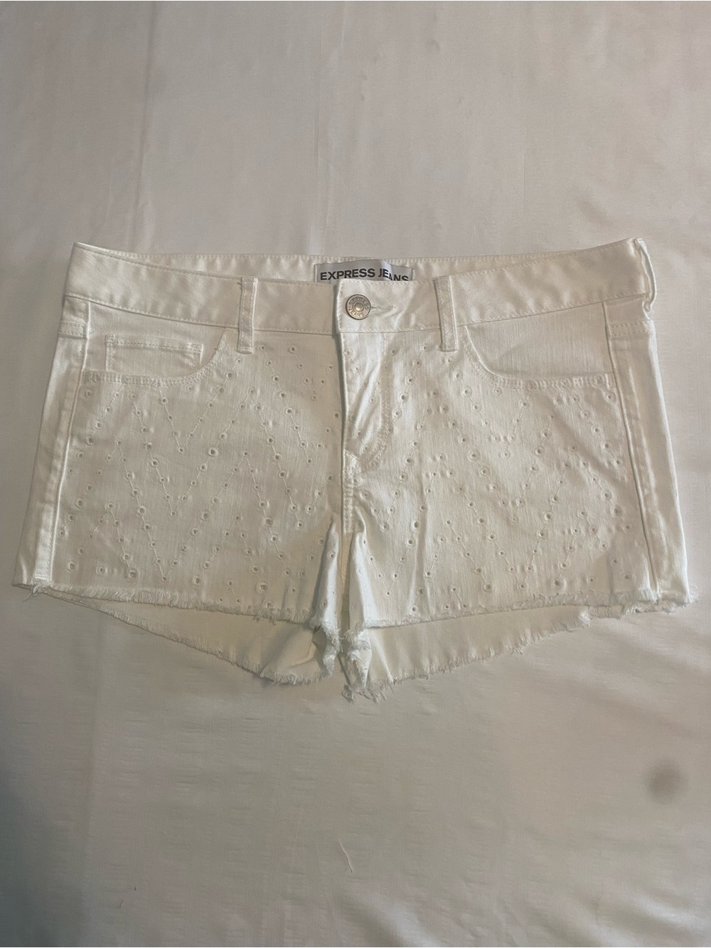 Express White Eyelet Cutoff Denim Shorts